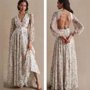 Mac Duggal NWT #A93746 Sequin Floral Print Cut Out Lace Up Gown Sz 10